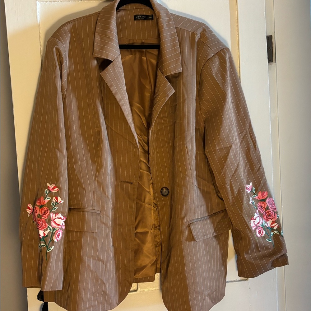 SHEIN Brown Pinstripe Blazer with Floral Embroidery